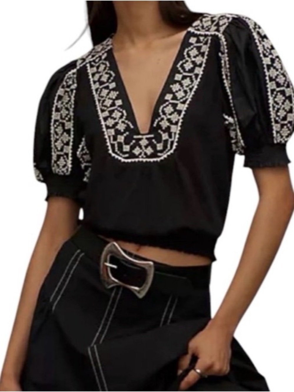 Anthropologie Black Embroidered Puff Sleeve Peasant Top V-Neck Women’s 1X Boho